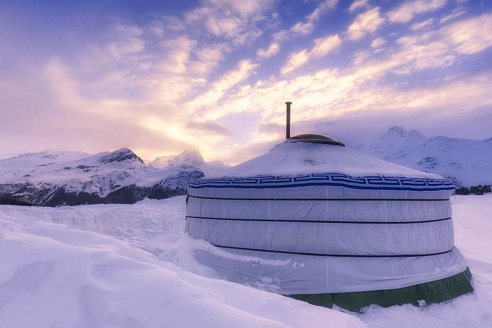 Winter sunset at Mongolian tent at Alp Flix, Sur, Surses, Parc Ela, Region of Albula, Canton of Graubunden, Switzerland, Europe