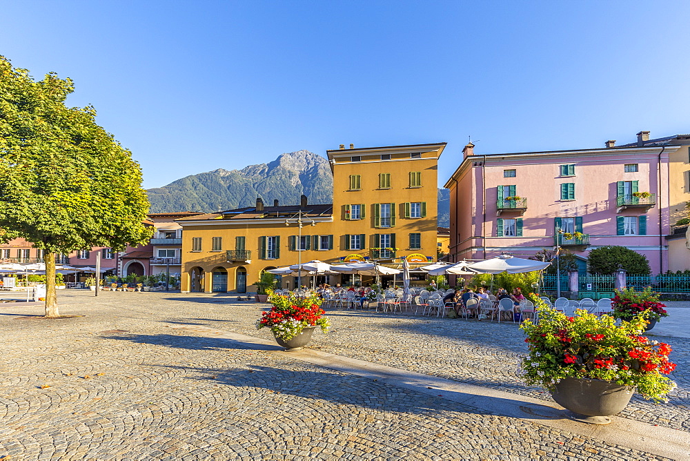 Colourful square of the village of Colico in the summer, Lake Como, Lombardy, Italian Lakes, Italy, Europe