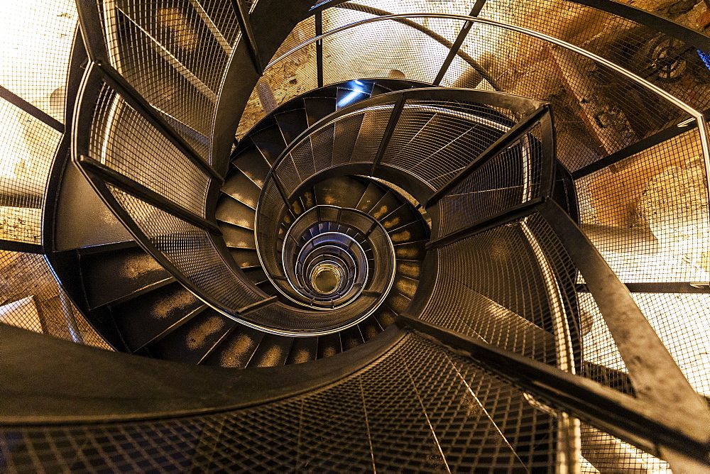 Low angle view of spiral staircase in the Stadtturm tower, Innsbruck, Tyrol, Austria, Europe