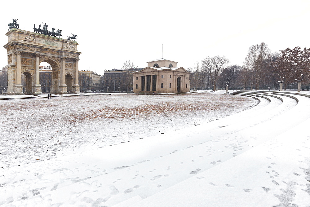 Sempione Square covered by snow, Milan, Lombardy, Northern Italy, Italy, Europe