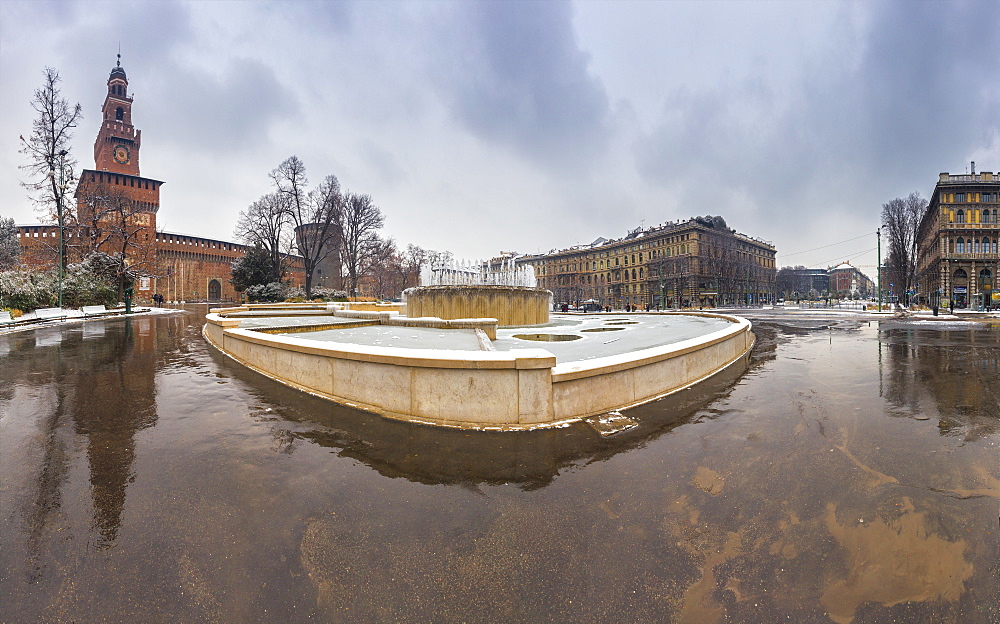 Panoramic view of Sforza Castle and Castello Square, Milan, Lombardy, Northern Italy, Italy, Europe