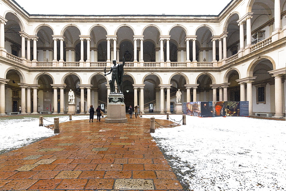 Courtyard of Honor of the Palace of Brera during snowfall, Milan, Lombardy, Northern Italy, Italy, Europe