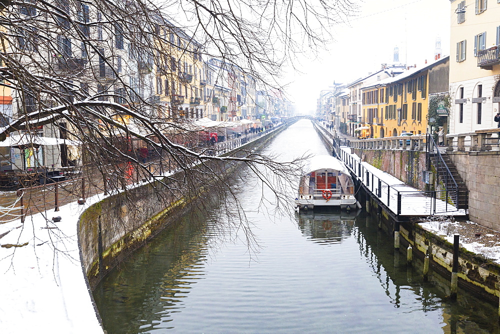 Naviglio Grande after a snowfall, Milan, Lombardy, Northern Italy, Italy, Europe