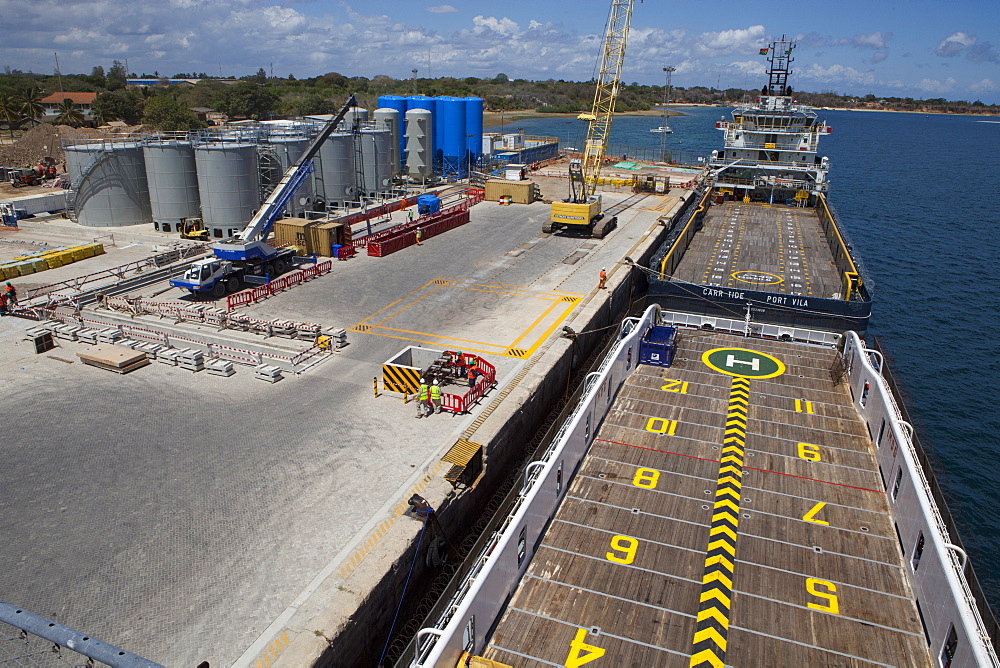 An aerial view of the ships docked at Mtwara port, Tanzania, East Africa, Africa