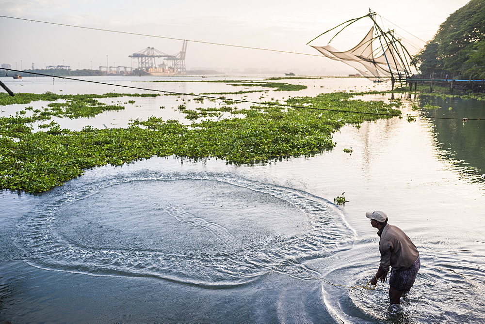 Traditional Chinese fishing nets at sunrise, Fort Kochi (Cochin), Kerala, India, Asia