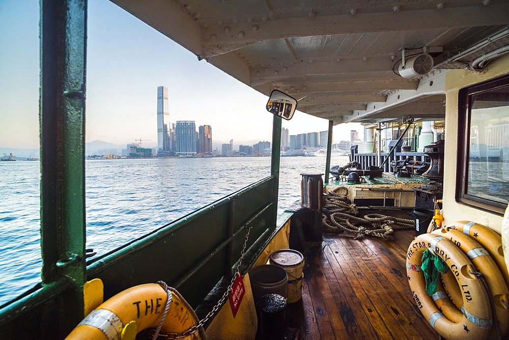 Star Ferry at sunrise with Hong Kong Island behind, Hong Kong, China, Asia