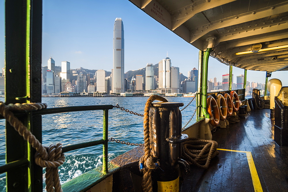 Star Ferry at sunrise with Hong Kong Island behind, Hong Kong, China, Asia