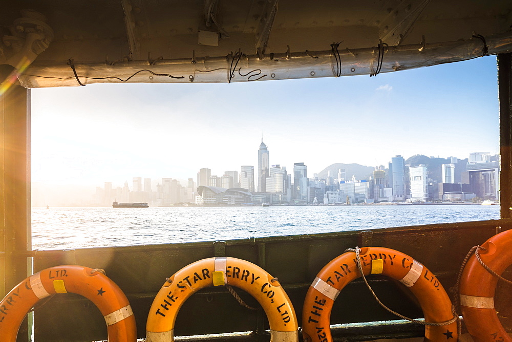 Star Ferry at sunrise with Hong Kong Island behind, Hong Kong, China, Asia