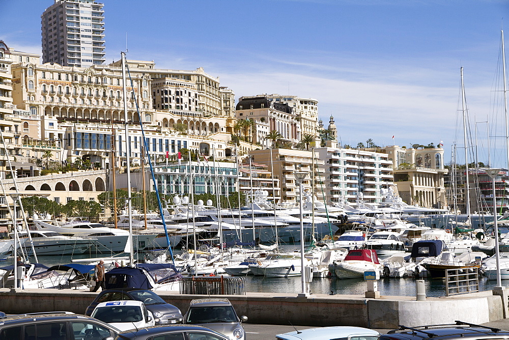 View of the Harbor of Monaco Ville (Porte Hercule) with its luxury ships, Monaco, French Riviera, Mediterranean, Europe