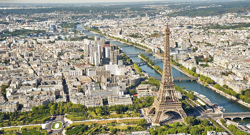 Aerial view of the Eiffel Tower with the river Seine, Paris, France, Europe