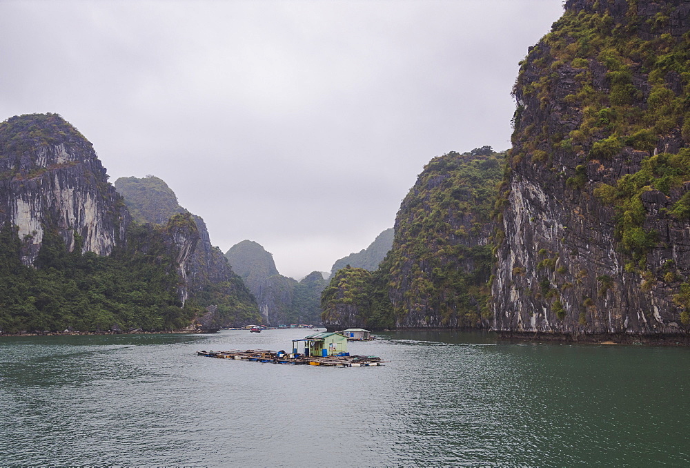 Floating fishing village in the Lan Ha Bay, Cat Ba Island, a typical Karst landscape in Vietnam, Indochina, Southeast Asia, Asia