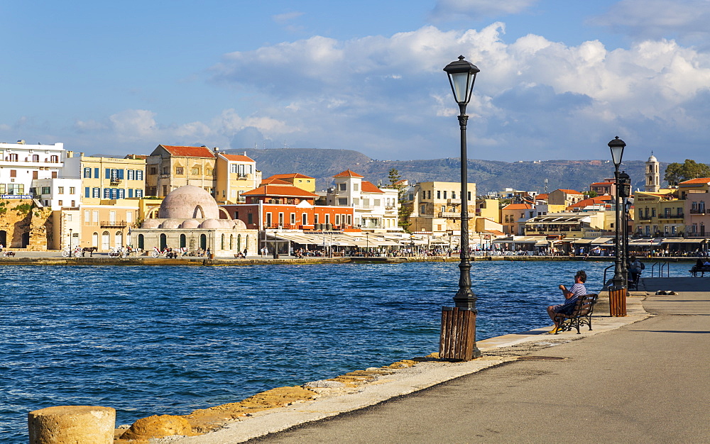 Hassan Pasha Mosque and Venetian Harbour, Chania, Crete, Greek Islands, Greece, Europe