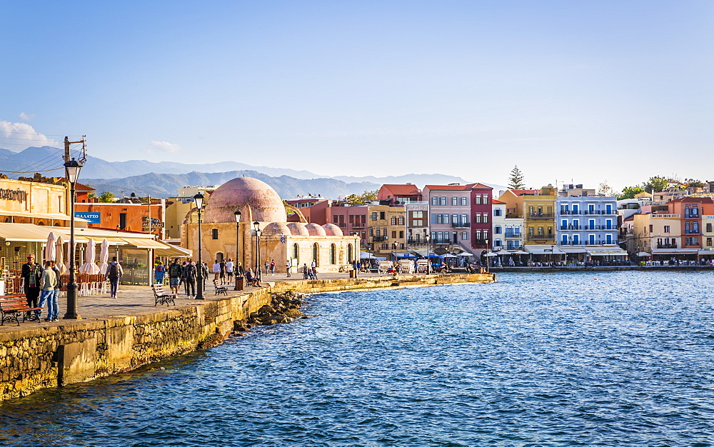 Hassan Pasha Mosque and Venetian Harbour, Chania, Crete, Greek Islands, Greece, Europe