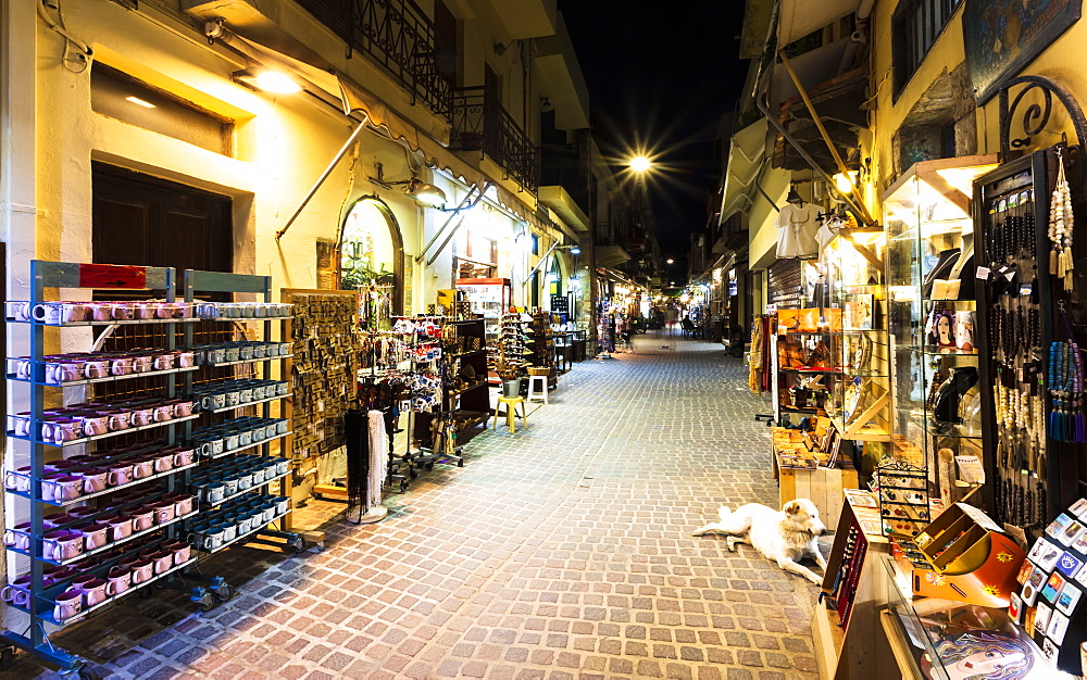 Tourist shopping street at night, Chania, Crete, Greek Islands, Greece, Europe