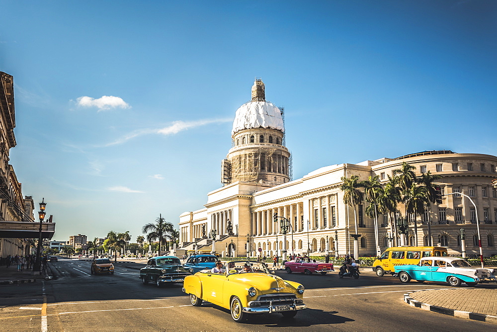 A yellow American classic car outside El Capitolio in Havana, La Habana, Cuba, West Indies, Caribbean, Central America