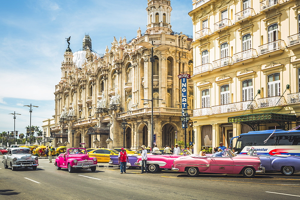 Colourful old American taxi cars outside the Gran Teatro de La Habana, Havana, Cuba, West Indies, Caribbean, Central America