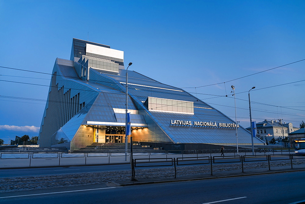 Latvian National Library at dusk, Gaismas Pils, UNESCO World Heritage Site, Riga, Latvia, Europe