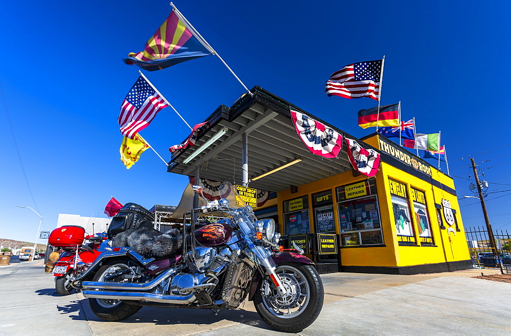 Harley Davidson motorcycle and Historic building on Route 66, Kingman, Arizona, United States of America, North America