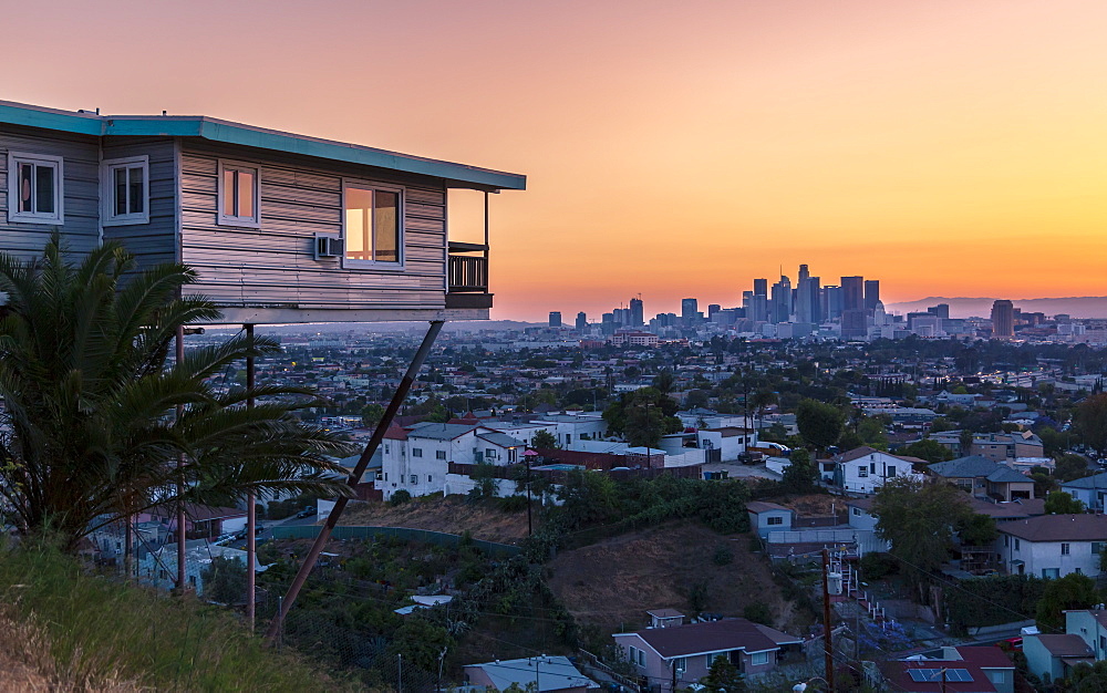 View of Downtown skyline at golden hour, Los Angeles, California, United States of America, North America