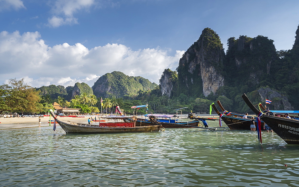 Long tail boats on Railay beach in Railay, Ao Nang, Krabi Province, Thailand, Southeast Asia, Asia