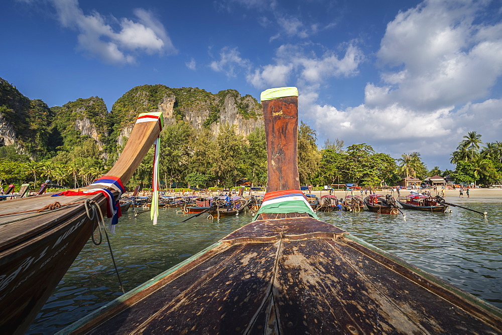 Long tail boats on Railay beach in Railay, Ao Nang, Krabi Province, Thailand, Southeast Asia, Asia