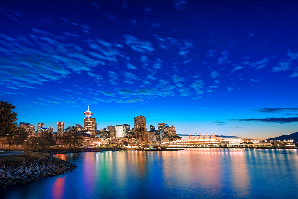 Vancouver skyline and high rise buildings at night, Vancouver, British Columbia, Canada, North America