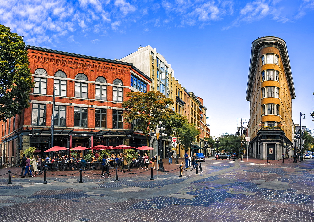 Architecture and cafe bar in Maple Tree Square in Gastown, Vancouver, British Columbia, Canada, North America