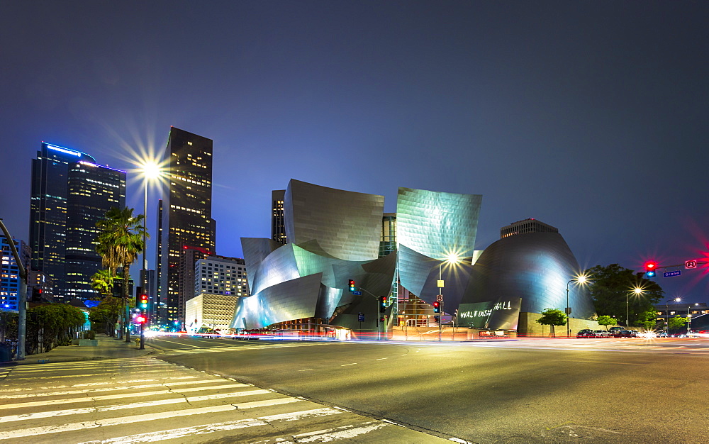 Walt Disney Concert Hall, Downtown Los Angeles city at night, Los Angeles, California, United States of America, North America