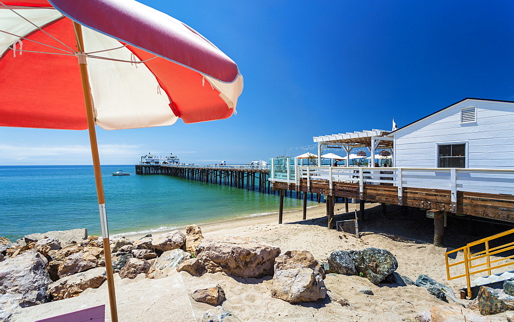 View of Malibu Beach and Malibu Pier, Malibu, California, United States of America, North America