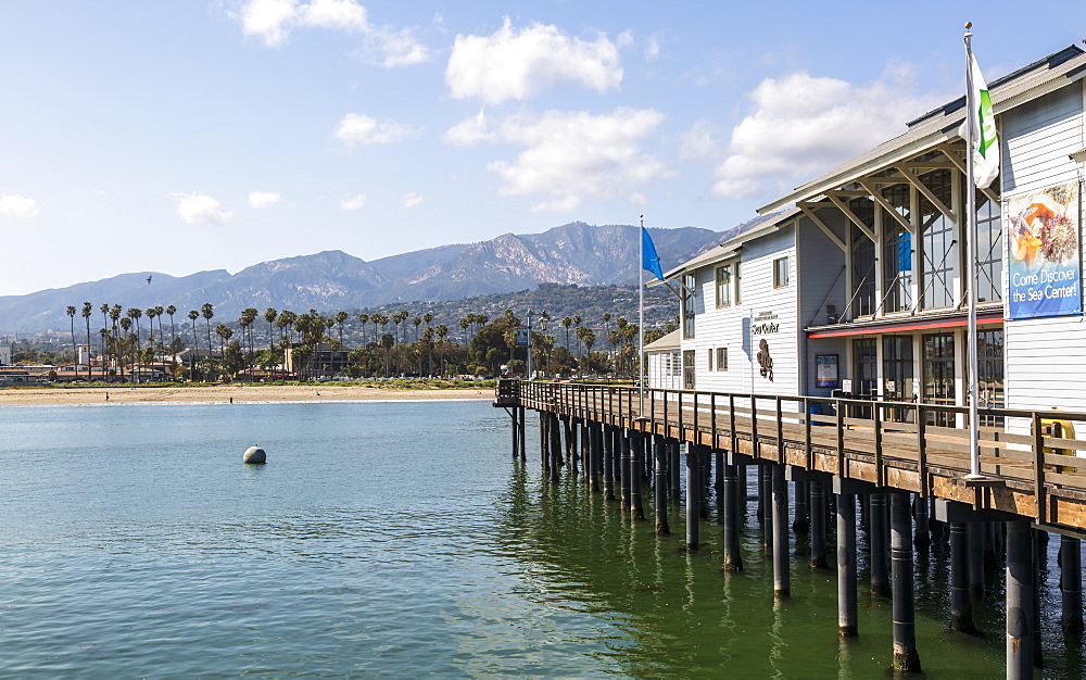 View of Santa Barbara beach, Malibu Mountains from Santa Barbara pier, California, United States of America, North America