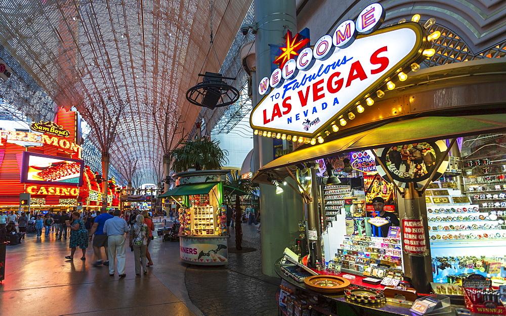 Neon lights on the Fremont Street Experience at dusk, Downtown, Las Vegas, Nevada, United States of America, North America