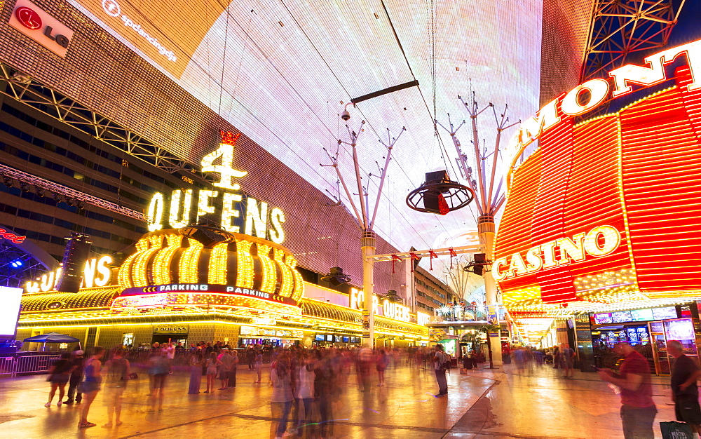 Neon lights on the Fremont Street Experience at dusk, Downtown, Las Vegas, Nevada, United States of America, North America