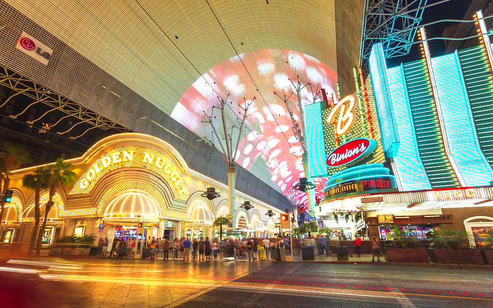 Neon lights on the Fremont Street Experience at dusk, Downtown, Las Vegas, Nevada, United States of America, North America