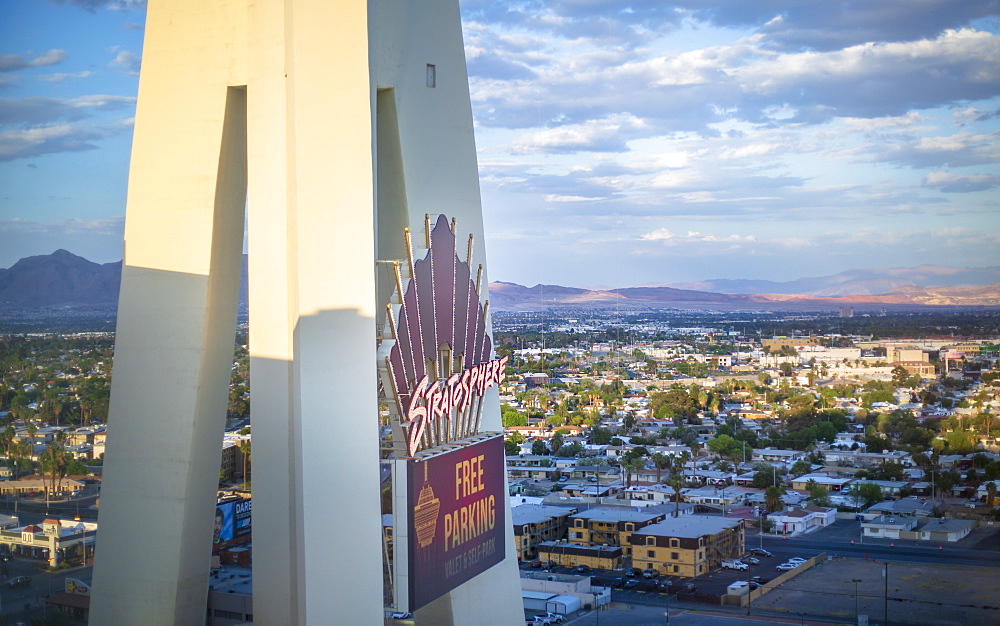 Stratosphere Tower at dusk, The Strip, Las Vegas Boulevard, Las Vegas, Nevada, United States of America, North America