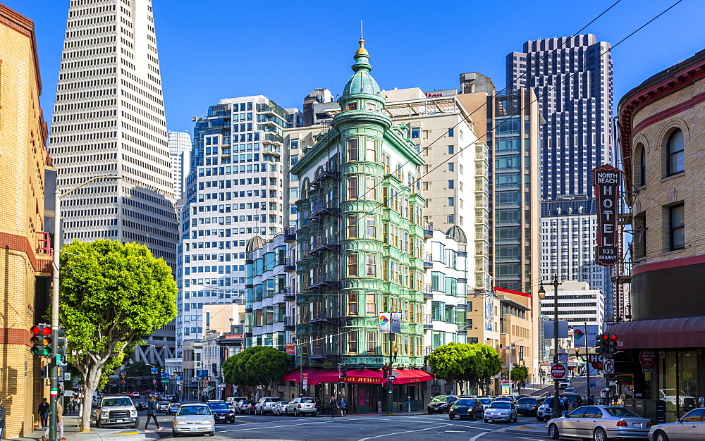 View of Transamerica Pyramid building and Columbus Tower on Columbus Avenue, San Francisco, California, United States of America, North America