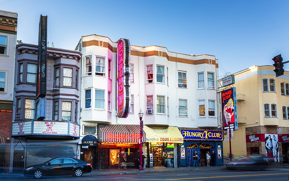 Clubs signs on buildings in North Beach district, San Francisco, California, United States of America, North America