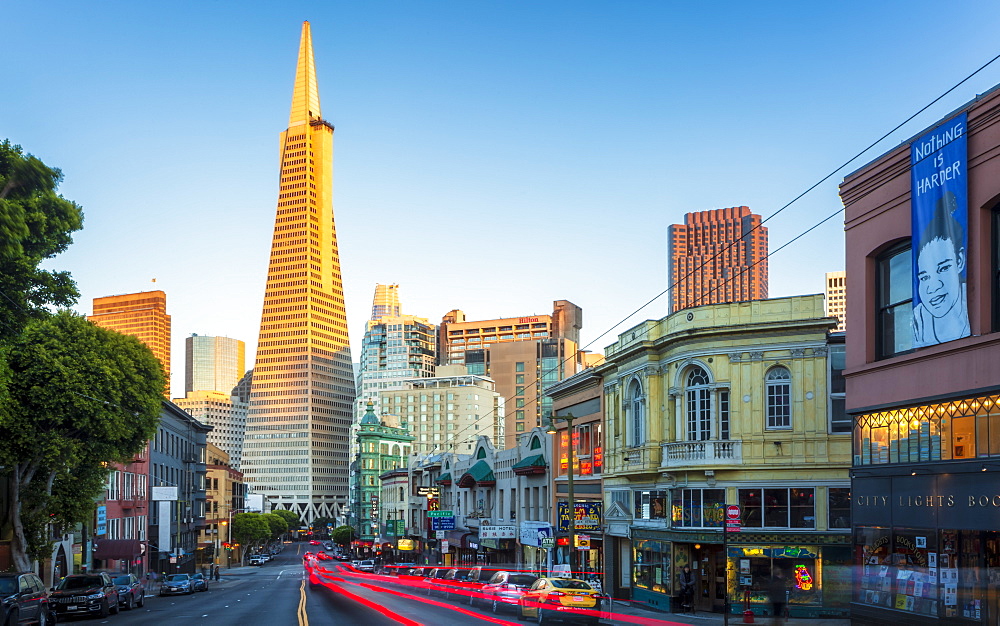 View of Transamerica Pyramid building on Columbus Avenue and car trail lights, San Francisco, California, United States of America, North America