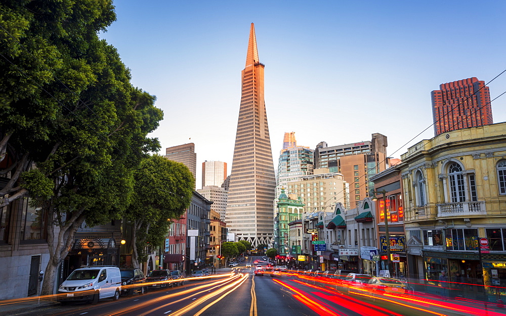 View of Transamerica Pyramid building on Columbus Avenue and car trail lights, San Francisco, California, United States of America, North America