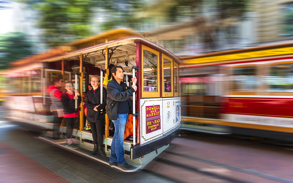 Fast moving cable car in Union Sqaure, San Francisco, California, United States of America, North America