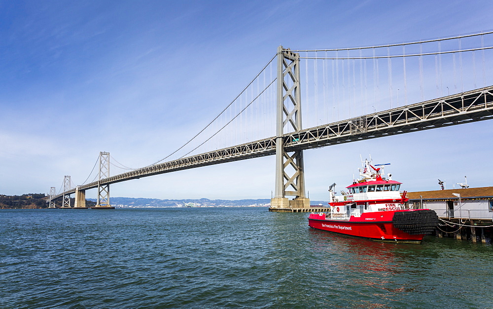 Oakland Bay Bridge and Fire Rescue Boat, San Francisco, California, United States of America, North America