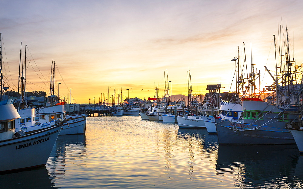 Sunset over Yachts at Fishermans Wharf, San Francisco, California, United States of America, North America