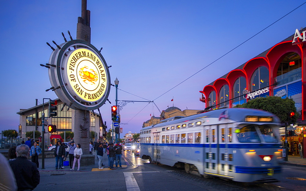 View of Fishermans Wharf sign at dusk, San Francisco, California, United States of America, North America