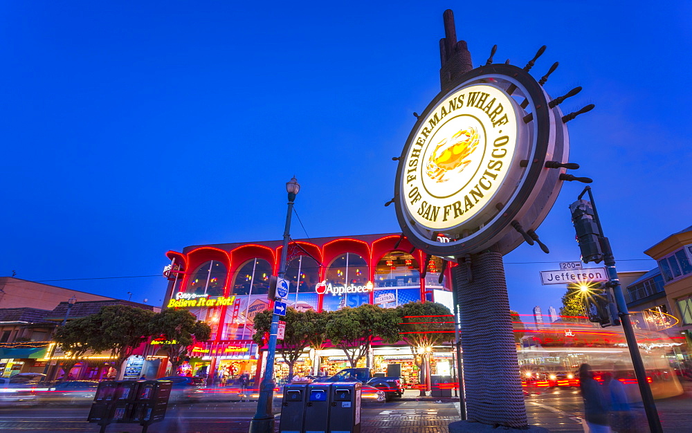 View of Fishermans Wharf sign at dusk, San Francisco, California, United States of America, North America