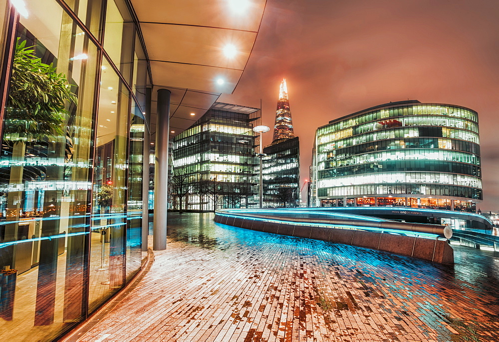 Fisheye view of The Scoop London and The Shard visible in background at night, Southwark, London, England, United Kingdom, Europe