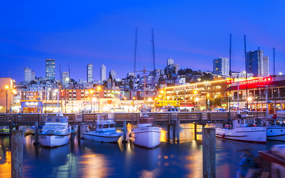 Fishermans Wharf harbor at dusk, San Francisco, California, United States of America, North America