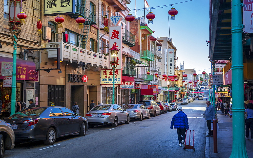 View of busy street in Chinatown, San Francisco, California, United States of America, North America