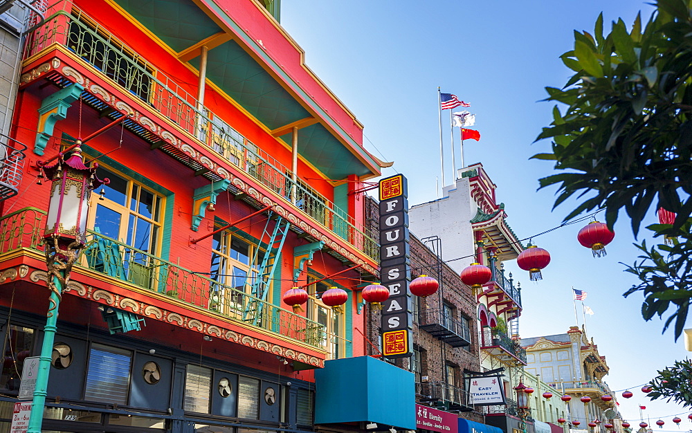 View of brightly coloured architecture in Chinatown, San Francisco, California, United States of America, North America