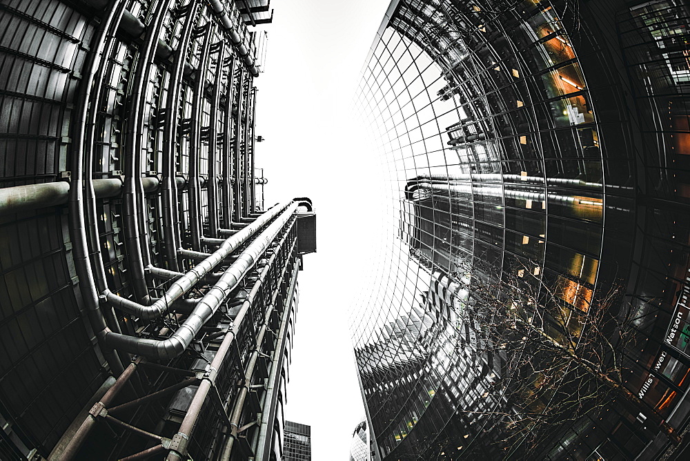 Fisheye view of Lloyds and Willis buildings, financial district, City of London, England, United Kingdom, Europe