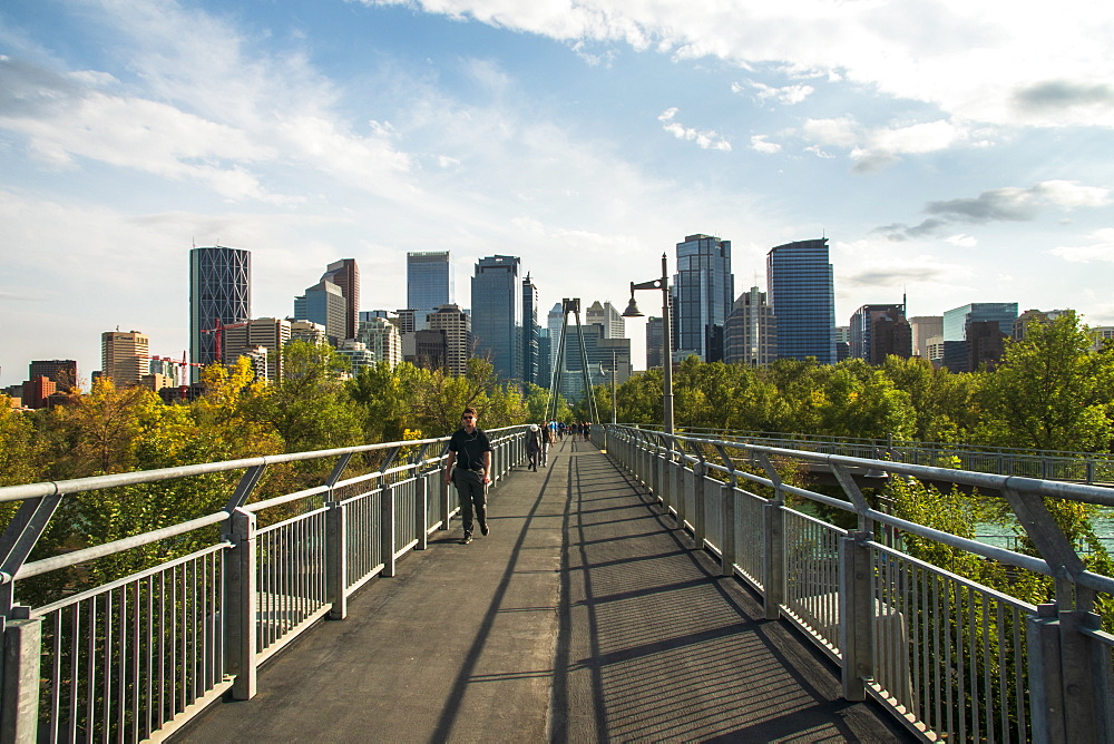 View of Bow River Pathway and Downtown from Sunnyside Bank Park, Calgary, Alberta, Canada, North America