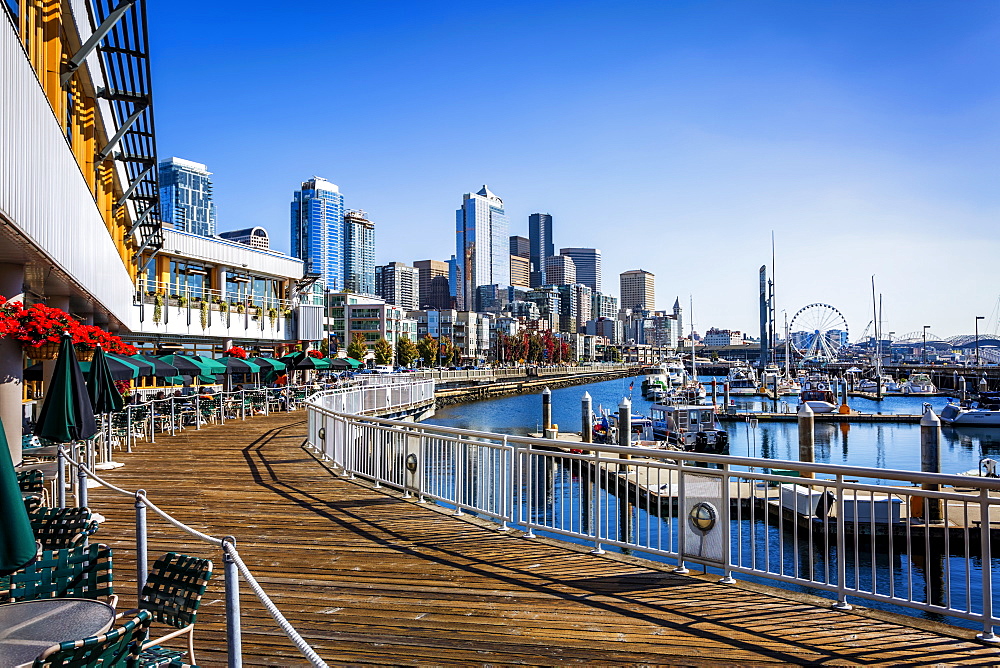 Seattle skyline on sunny day from Bell Harbor Marina, Seattle, Washington State, United States of America, North America